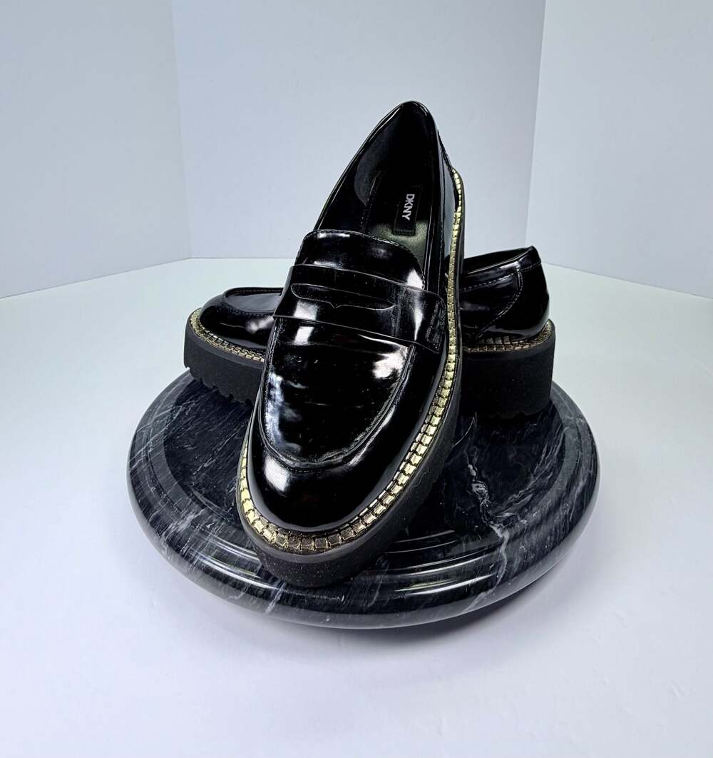 DKNY Black Patent Leather Platform Loafers with Studded Details US 7
